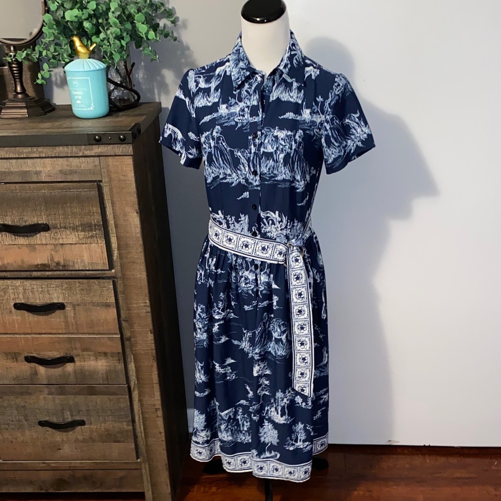 eShakti Navy and White horse and farm Scenic Print Midi Dress size S/6